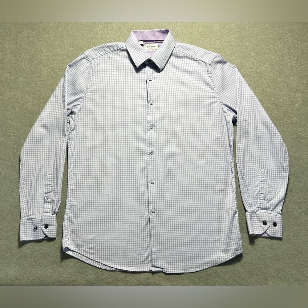 Duchamp London Purple White Check Shirt Men’s 16.5 42 L Slim Long Sleeve Luxury